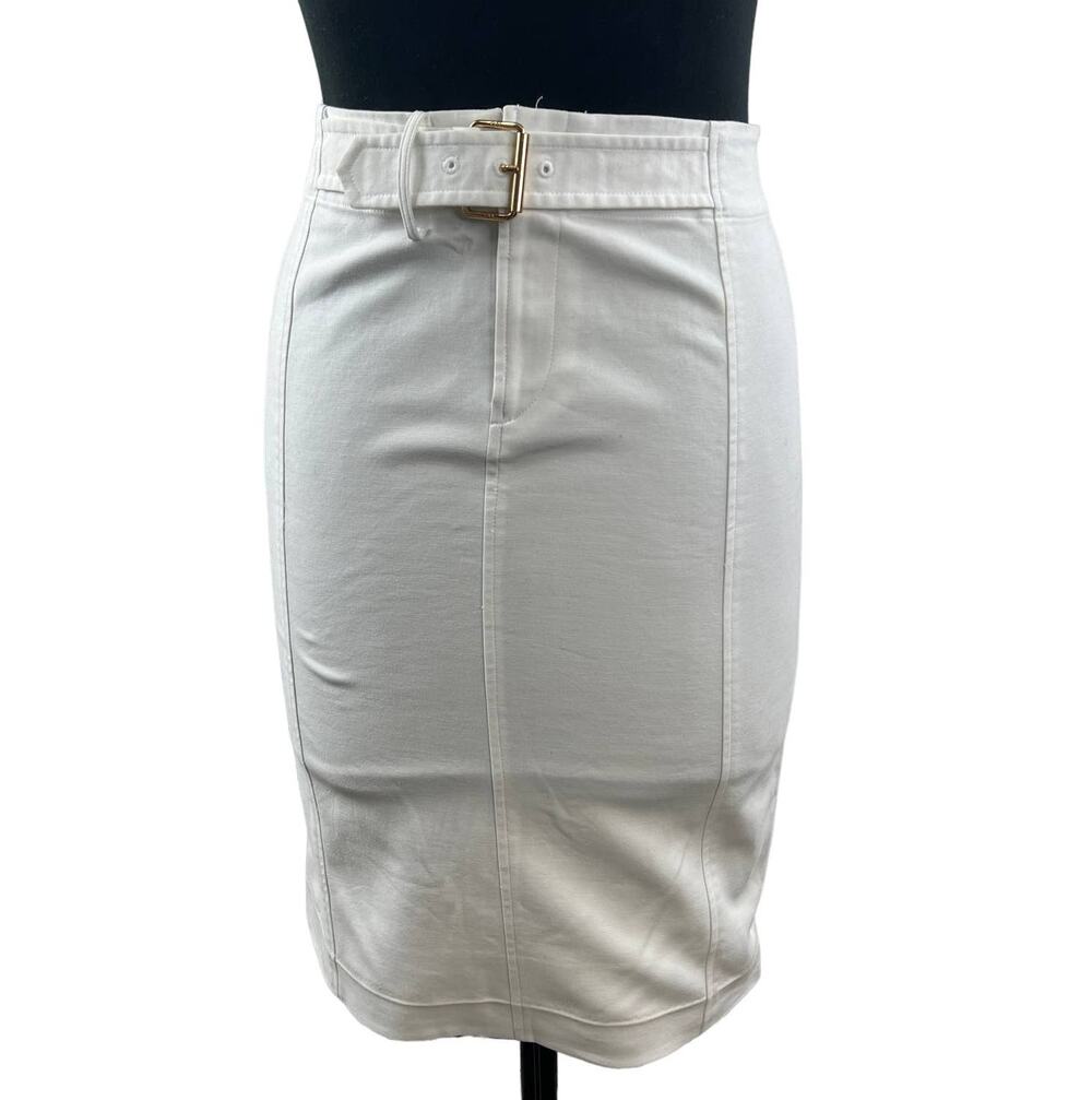 Y2K Gen Z LAUREN RALPH LAUREN White Cotton Blend Belted Straight Pencil Skirt 2